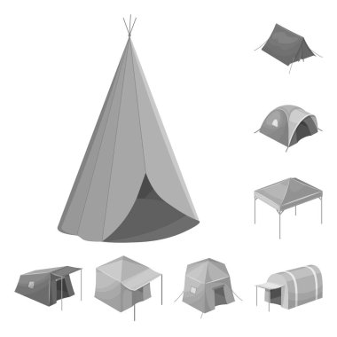 Çadır ve kamp simge vektör Illustration. Çadır ve orman hisse senedi vektör çizim topluluğu.