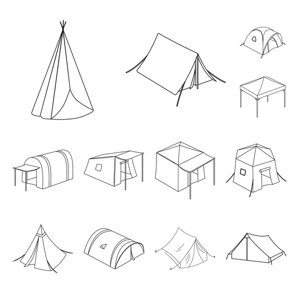 帐篷和营地标志的孤立对象。帐篷和森林存量向量的集合例证. — 图库矢量图片