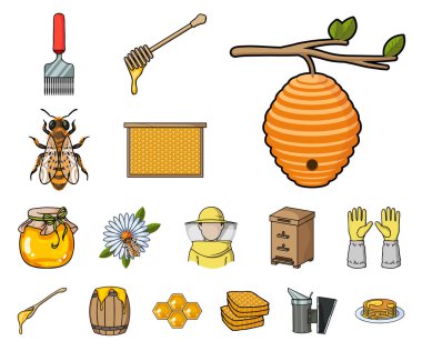 Set koleksiyonu tasarım için arı kovanı ve arıcılık karikatür simgeler. Ekipman ve bal üretim sembol stok web illüstrasyon vektör.
