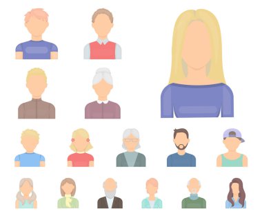 Set koleksiyonu tasarım için Avatar ve yüz karikatür simgeler. Bir kişi görünümü vektör simge stok web çizim.