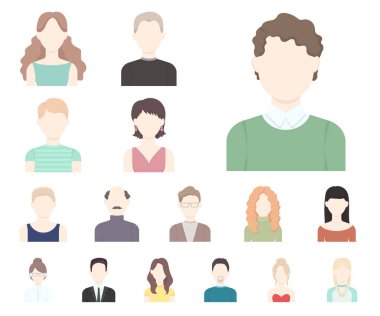 Set koleksiyonu tasarım için Avatar ve yüz karikatür simgeler. Bir kişi görünümü vektör simge stok web çizim.