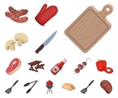 Set koleksiyonu tasarım için Barbekü ve ekipman karikatür simgeler. Piknik ve kızartmaları sembol stok web illüstrasyon vektör.