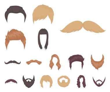 Bıyık ve sakal, saç set koleksiyonu tasarım için simgeleri karikatür. Şık saç kesimi vektör simge stok web çizimi.