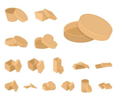 Farklı kutular set koleksiyonu tasarım için simgeleri karikatür. Ambalaj kutusu vektör simge stok web çizim.