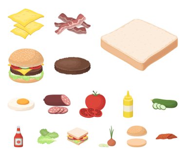 Burger ve malzemeler set koleksiyonu tasarım için simgeleri karikatür. Vektör simge stok web illüstrasyon pişirme Burger.