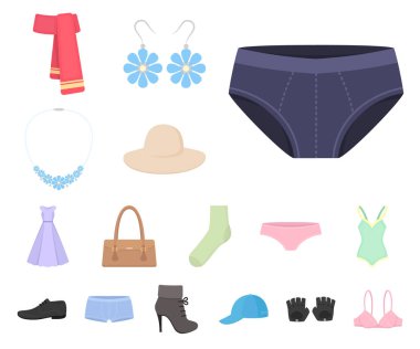 Giysi ve aksesuarları set koleksiyonu tasarım için simgeleri karikatür. Ayakkabı ve dekorasyon sembol stok web illüstrasyon vektör.