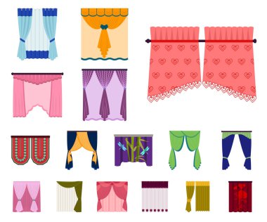 Perde çeşitleri set koleksiyonu tasarım için simgeleri karikatür. Perdeler ve Saçakların sembol stok illüstrasyon vektör.