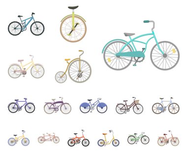 Çeşitli Bisiklet set koleksiyonu tasarım için simgeleri karikatür. Ulaşım vektör simge stok web örnek tür.