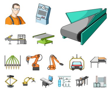 Ekipman ve makine karikatür simgeleri set koleksiyonu tasarım için. Fabrika vektör simge stok web çizim teknik ilerleme.
