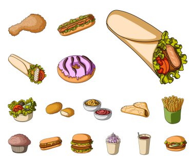 Fast food çizgi film set koleksiyonu tasarım için simgeler. Yarı bitmiş ürünler gıdalardan sembol stok web illüstrasyon vektör.