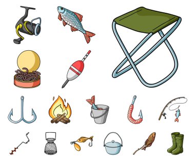 Balıkçılık ve diğer set koleksiyonu tasarım için simgeleri karikatür. Vektör simge stok web illüstrasyon Balık tutma için mücadele.
