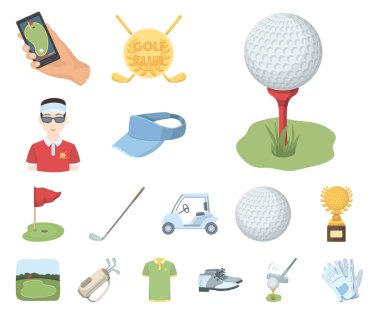 Golf ve öznitelikleri set koleksiyonu tasarım için simgeleri karikatür. Golf Kulübü ve ekipman sembol stok illüstrasyon vektör.