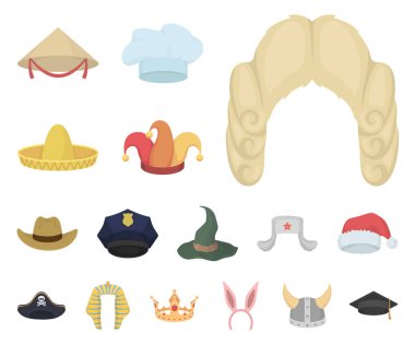 Şapka çeşitleri set koleksiyonu tasarım için simgeleri karikatür. Headdress vektör simge stok web çizimi.