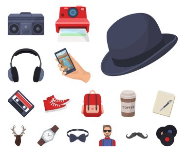 Set koleksiyonu tasarım için stil Hipster karikatür simgeler. Sembol stok web illüstrasyon vektör hipster öznitelikleri ve aksesuarları.