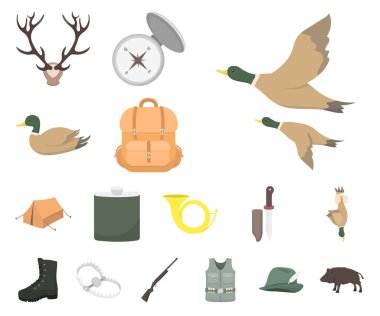 Avcılık ve kupa set koleksiyonu tasarım için simgeleri karikatür. Avcılık ve ekipman sembol stok web illüstrasyon vektör.