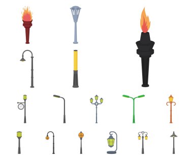 Set koleksiyonu tasarım için lamba sonrası karikatür simgeler. Fener ve vektör simge stok web çizim ışık.