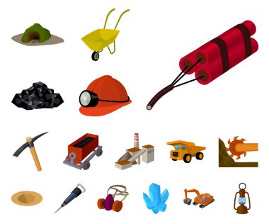 Madencilik Sanayi karikatür simgeleri set koleksiyonu tasarım için. Cihazlar ve sembol stok web illüstrasyon vektör.