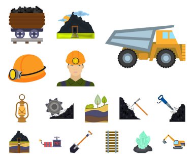 Madencilik Sanayi karikatür simgeleri set koleksiyonu tasarım için. Cihazlar ve sembol stok illüstrasyon vektör.