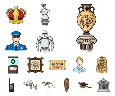 Set koleksiyonu tasarım için müze ve Galeri karikatür simgeler. Depolama ve serginin görülmeye değer parça sembol stok web illüstrasyon vektör.