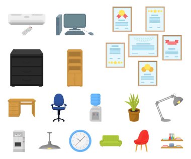 Set koleksiyonu tasarım için işyeri karikatür simgeleri iç. Ofis mobilya vektör simge stok web çizim.