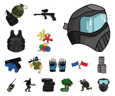 Paintball takım oyun karikatür simgeleri set koleksiyonu tasarım için. Ekipman ve kıyafet sembol stok web illüstrasyon vektör.