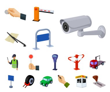 Set koleksiyonu tasarım için araba karikatür simgeleri için park yeri. Ekipman ve hizmet vektör simgesi web illüstrasyon stok.