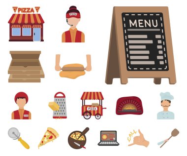 Set koleksiyonu tasarım için pizza ve pizza karikatür simgeler. Personel ve ekipman sembol stok web illüstrasyon vektör.