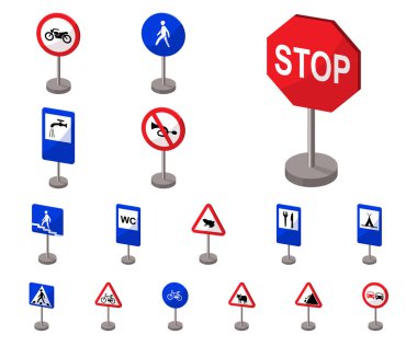 Yol işaretleri farklı set koleksiyonu tasarım için simgeleri karikatür. Uyarı ve yasağı işaretler sembol stok web illüstrasyon vektör.
