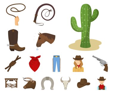 Rodeo, rekabet karikatür set koleksiyonu tasarım için simgeler. Kovboy ve ekipman sembol stok web illüstrasyon vektör.