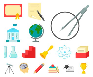 Set koleksiyonu tasarım için okul ve eğitim karikatür simgeler. Üniversite, ekipman ve aksesuarları sembol stok web illüstrasyon vektör.