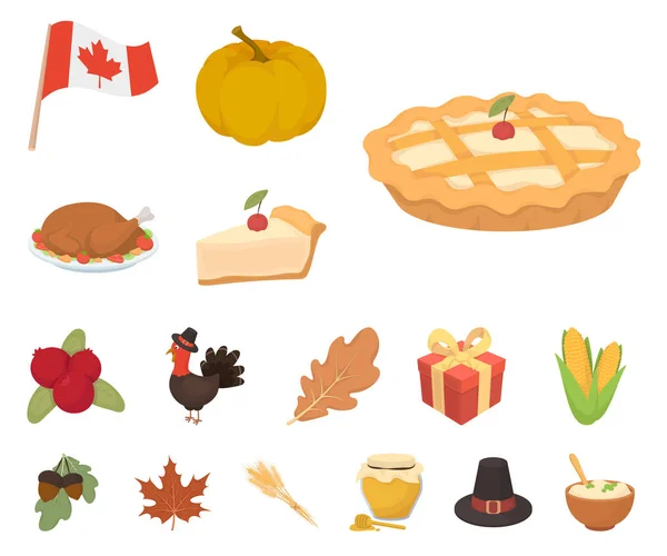 Canada Thanksgiving Day icone dei cartoni animati in collezione set per il design. Canada e tradizione vettoriale simbolo stock web illustrazione . — Vettoriale Stock