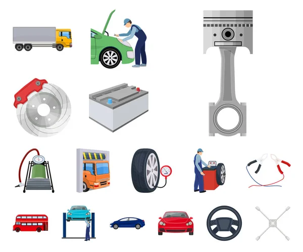 Ícones de desenhos animados de carro, elevador, bomba e outros equipamentos na coleção de conjuntos para design. Estação de manutenção do carro símbolo vetorial ilustração web . — Vetor de Stock