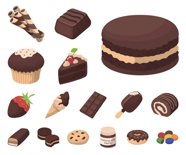 Ícones de desenhos animados de sobremesa de chocolate na coleção de conjuntos para design. Chocolate e doces símbolo vetorial ilustração web stock . —  Vetores de Stock