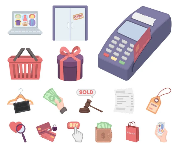 E-commerce, Acquisto e vendita icone dei cartoni animati nella collezione di set per il design. Commercio e finanza vettoriale simbolo stock web illustrazione . — Vettoriale Stock
