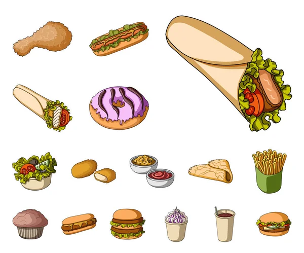 Ícones de desenhos animados de fast food na coleção de conjuntos para design.Food de produtos semi-acabados símbolo vetorial ilustração web . —  Vetores de Stock