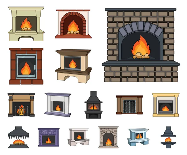 Şömine çeşitleri set koleksiyonu tasarım için simgeleri karikatür. Şömineler inşaat vektör simge stok web çizimi.