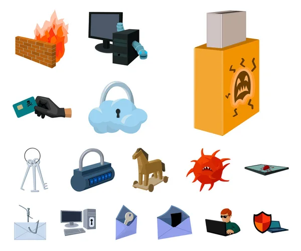 Hacker y piratería iconos de dibujos animados en la colección de conjuntos para el diseño. Hacker y equipo vector símbolo stock web ilustración . — Vector de stock