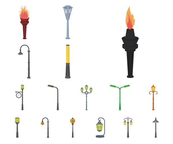 Lâmpada post Ícones de desenhos animados em coleção de conjuntos para design. Lanterna e iluminação símbolo vetor web ilustração . —  Vetores de Stock