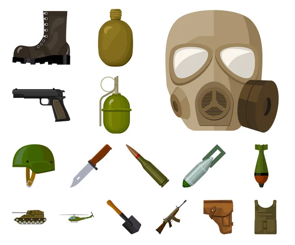 Ícones de desenhos animados do exército e do armamento na coleção de conjuntos para design. Ilustração da web de estoque de símbolos vetoriais de armas e equipamentos . — Vetor de Stock