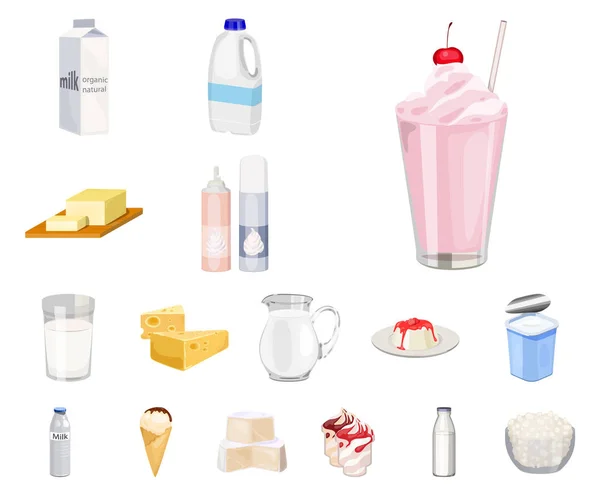 Iconos de dibujos animados de productos lácteos en la colección de conjuntos para design.Milk y vector de alimentos símbolo de stock web ilustración . — Vector de stock