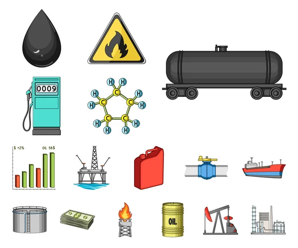 Cartoon-Ikonen der Ölindustrie in Set-Kollektion für Design. Ausrüstung und Ölproduktion Vektor Symbol Stock Web Illustration. — Stockvektor