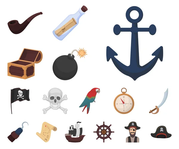 Pirate, sea robber cartoon icons in set collection for design. Treasures, attributes vector symbol stock web illustration. — Stock Vector