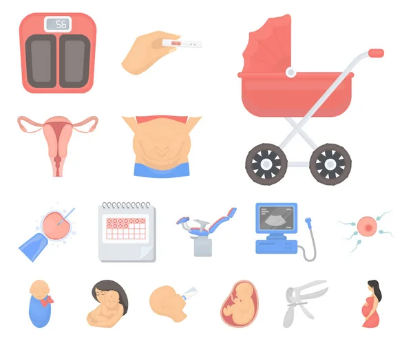 Kvinna och graviditet tecknad ikoner i set insamling för design. Gynekologi och utrustning vektor symbol lager web illustration. — Stock vektor