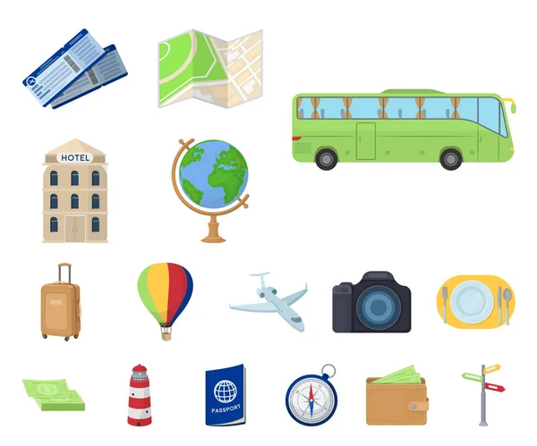 Descanse e viaje ícones de desenhos animados na coleção de conjuntos para design. Transporte, turismo vetor símbolo web ilustração . — Vetor de Stock
