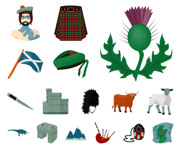 País Ícones de desenhos animados Escócia na coleção de conjuntos para design. Visitas guiadas, cultura e tradição símbolo vetorial ilustração web . — Vetor de Stock