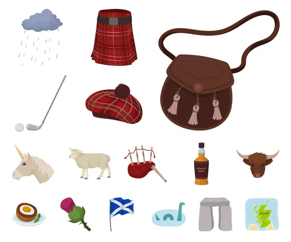 Country Scotland Cartoon-Ikonen in Set-Kollektion für Design. Sightseeing, Kultur und Tradition Vektor Symbol Stock Web Illustration. — Stockvektor