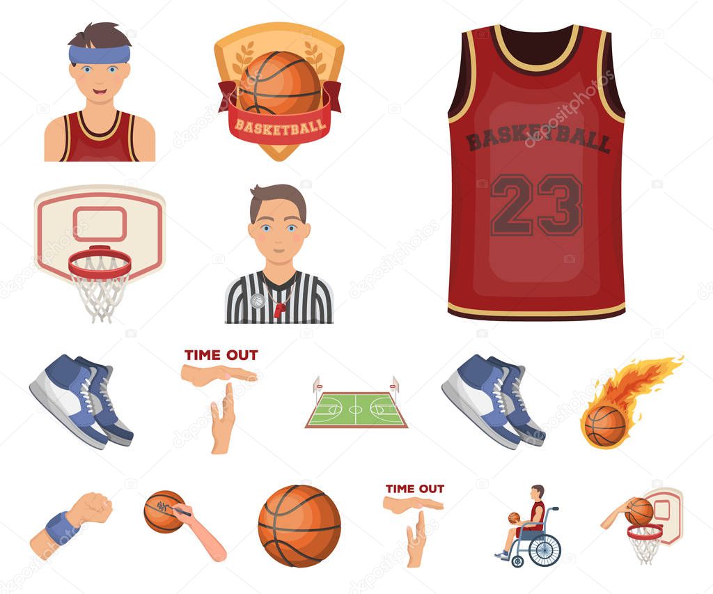 Basketball and attributes cartoon icons in set collection for design.Basketball player and equipment vector symbol stock  illustration.