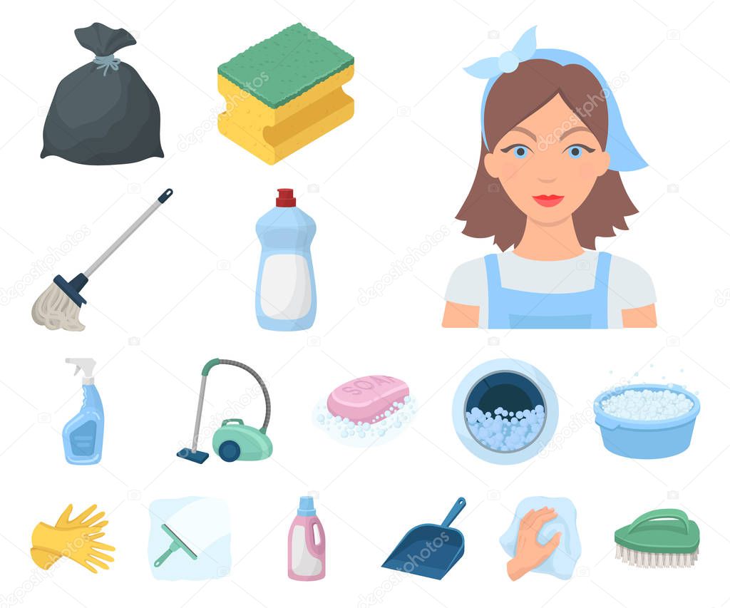 Cleaning and maid cartoon icons in set collection for design. Equipment for cleaning vector symbol stock web illustration.