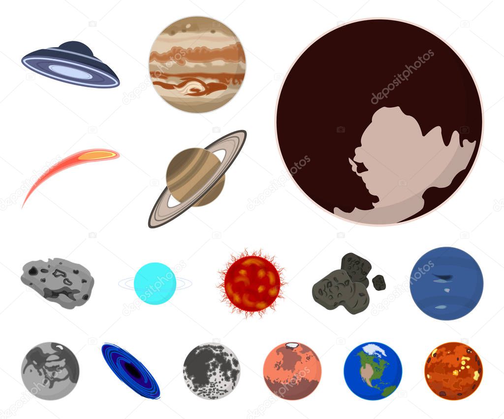 Planets of the solar system cartoon icons in set collection for design. Cosmos and astronomy vector symbol stock web illustration.