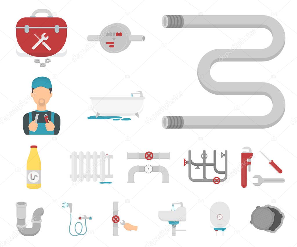 Plumbing, fitting cartoon icons in set collection for design. Equipment and tools vector symbol stock web illustration.